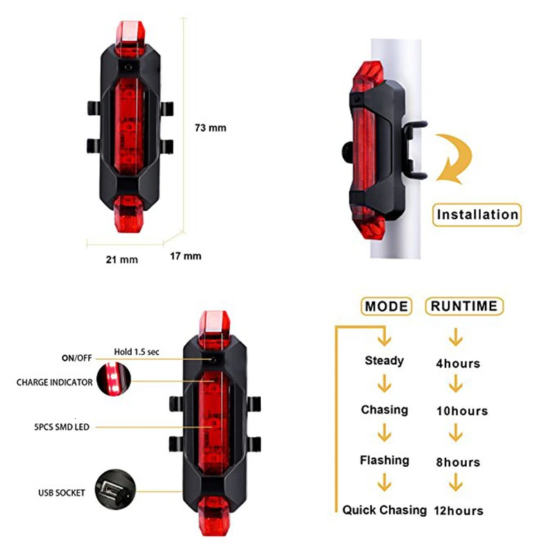 LOVELION-велосипедный светильник, перезаряжаемый светодиодный задний светильник, USB безопасность заднего хвоста Предупреждение, велосипедный портативный флэш-светильник, супер яркий