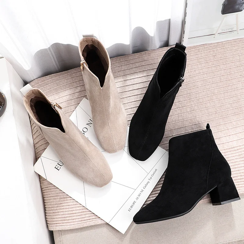 

2019 Winter Solid Ankle Boots Woman Boots British Zip-up Square High Heels Square Toe Weestern Sexy Female Flock Boots Shoes