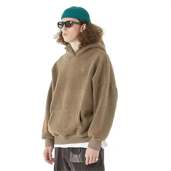 

Male Streetwear Hip Hop Hoodie Outerwear Men Loose Casual Thick Fleece Faux Lambswool Hooded Pullover Sweatshirts