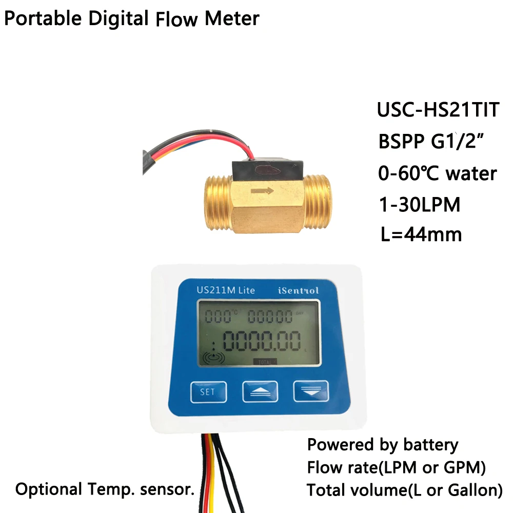 

US211M Lite USC-HS21TIT 1-30L/min Digital Flow Meter 5V Flow Reader hall effect water flow sensor with Temperature Sensor Saier