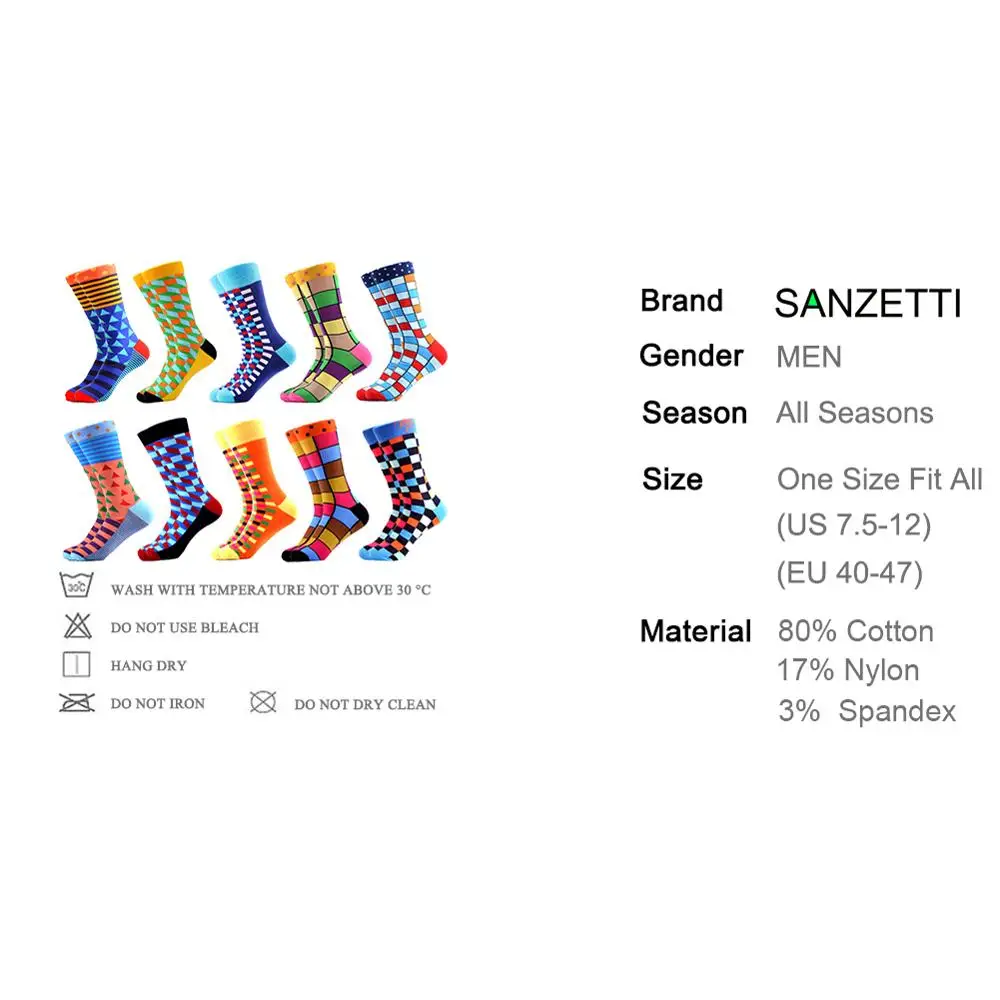 SANZETTI, 10 пар/лот, цветные мужские носки из чесаного хлопка, носки в стиле хип-хоп, уличные, с надписью Happy Crew, носки для свадебной вечеринки, мужские нарядные носки для подарка