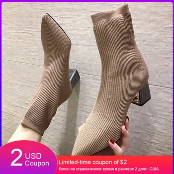 

Black Khaki Knitted Elastic Socks Boots Thick High Heel Ankle Boots Women 2019 Pointed Toe Elegant Short Booties for Ladies