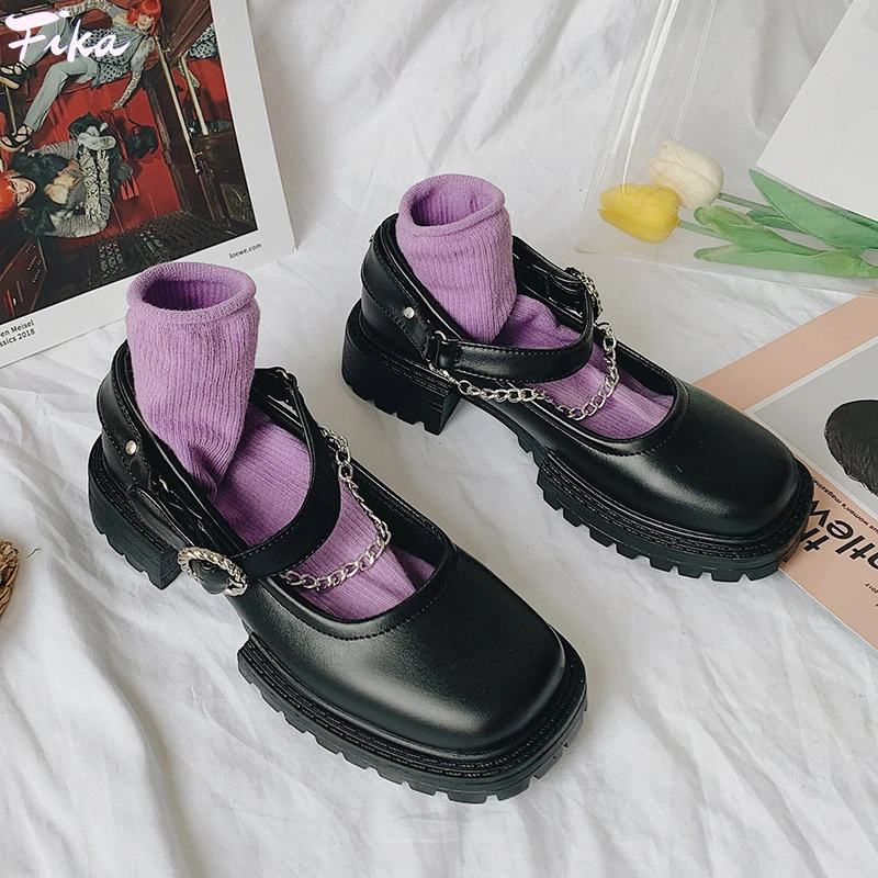 Zapatos de estudiante para chica de la Universidad, mocasines de Lolita, Mary Janes, negros, Cosplay, Jk, tacón de piel sintética, plataforma de cadena, gótico, Punk, novedad