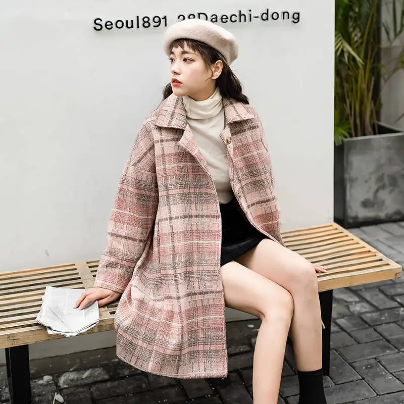 Зимнее корейское Женское пальто модное винтажное Свободное длинное шерстяное Свободное пальто двубортное клетчатое пальто с отложным воротником