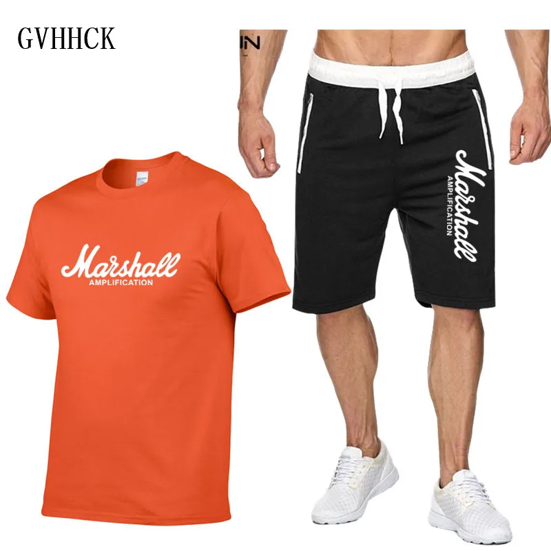 Orange Футболка+ шорты наборы мужские летние костюмы Повседневная мужская футболка Marshall спортивные костюмы брендовая гитара Герой хард рок одежда топы тройники набор мА - Цвет: Orange