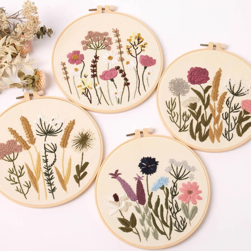 Embroidery Starter Kit embroidery set embroidery kits With European Pattern and Instructions Cross Stitch Set Flowers Plant Stamped Embroidery Kits With Hoops