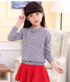 Весенняя детская одежда свитера для девочек Повседневный однотонный вязаный кардиган с длинными рукавами для маленьких девочек; свитера для крупных детей - Цвет: bow grey