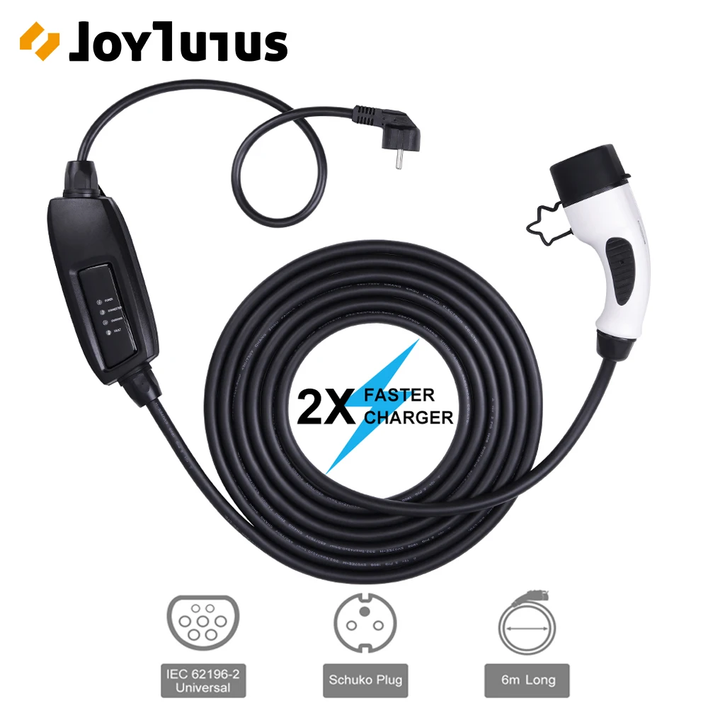  6M Level 2 EV Charger Plug Cable Portable EVSE 16A Schuko Connector Universal IEC 62196-2 Type 2 El