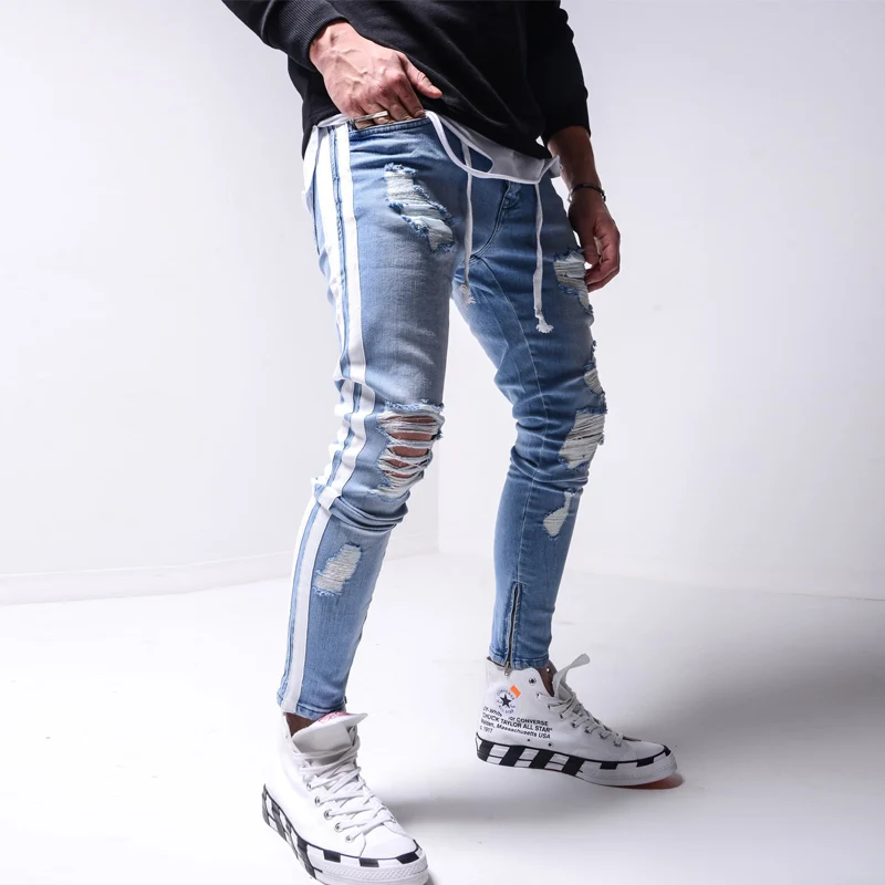 Ripped Pencil Pants Men Skinny Denim Biker Side Striped Jeans Destroyed Hole Hip Hop Slim Fit Man Scratched Jean Hombre Pantalon Ripped Pencil Pants Men Skinny Denim Biker Side Striped Jeans Destroyed Hole Hip Hop Slim Fit Man Scratched Jean Hombre Pantalon