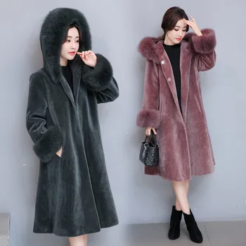 

2019 autumn and winter new Haining sheep shearing coat female long section fox fur hooded wool