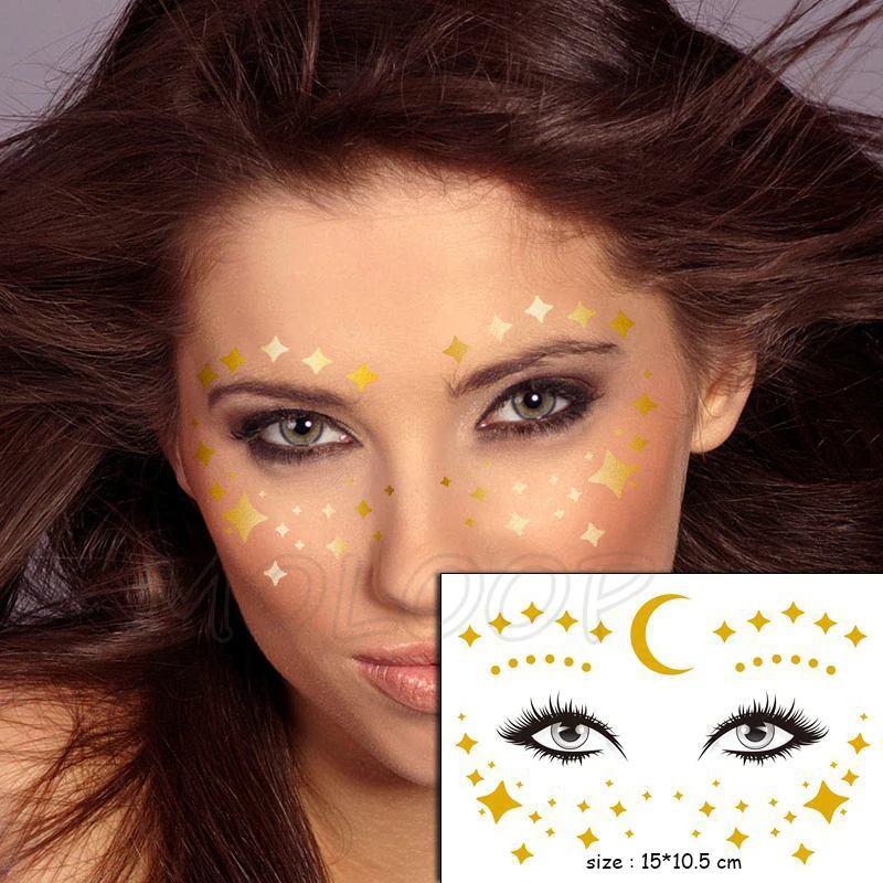 

Temporary Tattoo Sticker Gold Face Crescent Moon Star Waterproof Freckles Makeup Stickers Eye Decal Body Art for Girl Kid 04
