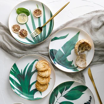 

Tropical Porcelain Leaf Plates Gold Rim Ceramic Bread Dessert Dishes Bone China Serving Platter Table Decor Kitchen Dinnerware