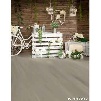 

White bicycle Photography backdrops Wood floor flowers Photo background newborn shower backdrop wedding photo studio props