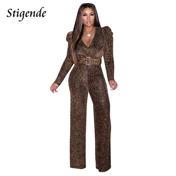 

Stigende Sexy V Neck Wide Leg Glitter Jumpsuit Clubwear Women Elegant Long Sleeve Shining Jumpsuit Autumn Bodycon Party Jumpsuit