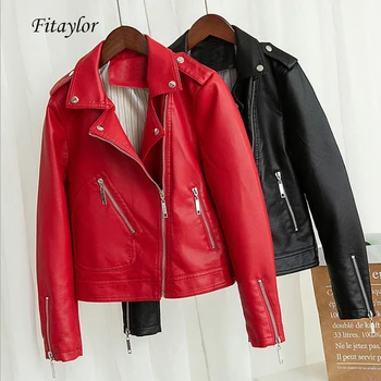 

Fitaylor Autumn Women Faux Soft Leather Short Jacket Rivet Zipper Pu Motorcycle Faux Leather Black Red Female Basic Jackets