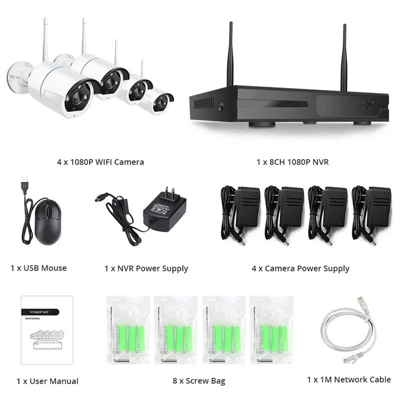 Комплект видеорегистратора 2 Мп Wi Fi 1080P IP камера 8 каналов H.265 + беспроводная