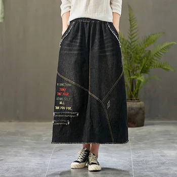 

Free Shipping 2020 New Vintage Long Maxi A-line Skirts Women Elastic Waist Spring And Autumn Denim Blue Summer Embroidery Skirt