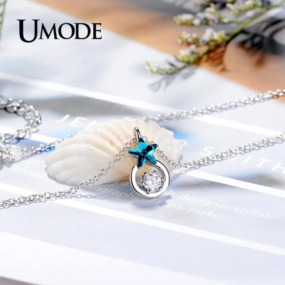 UMODE, новинка, 925 пробы, серебряное, уникальное, голубая звезда, кристалл, подвеска, ожерелье для женщин, циркониевая цепочка, Серебряное ювелирное изделие, ALN0470