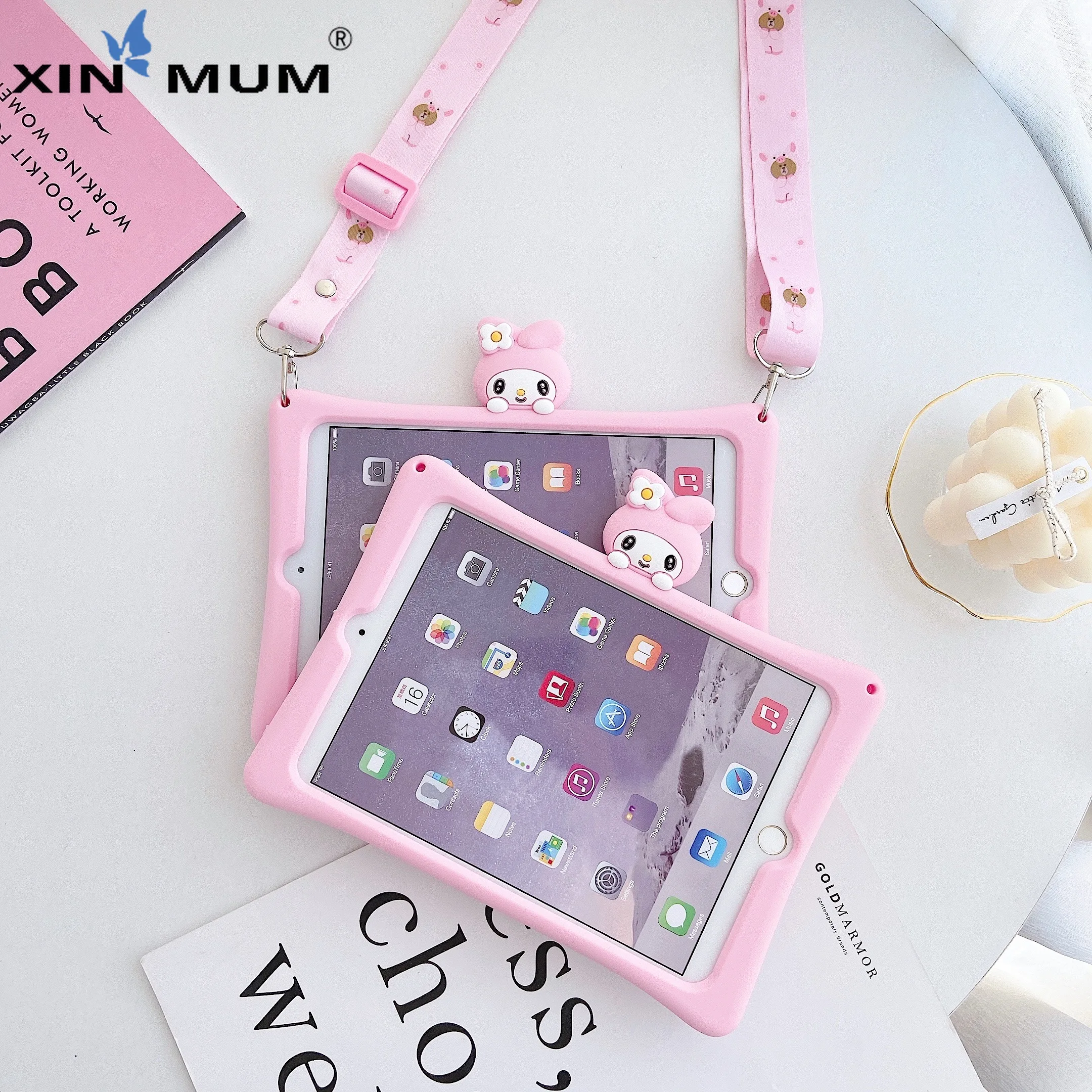 

Cover For iPad air Cartoon Kids Case For iPad 5 A1474 A1475 A1476 Silicon Funda + strap