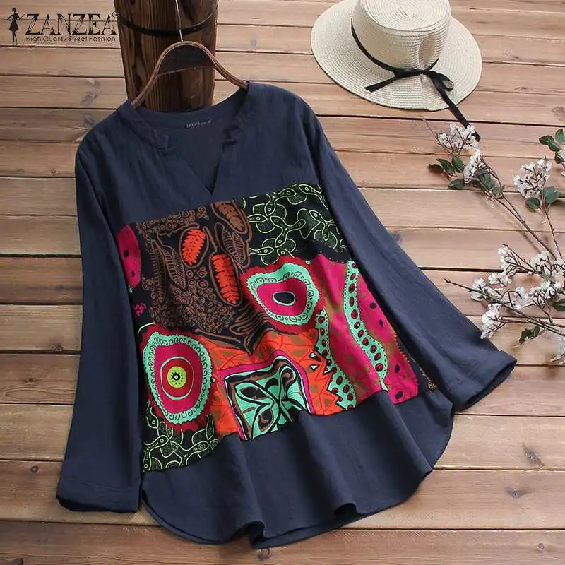 2019 ZANZEA Casual Cotton Blouse Women V Neck Long Sleeve Tunic Tops Autumn Vintage Printed Patchwork Loose Shirts Female Blusas - 4.00025E+12