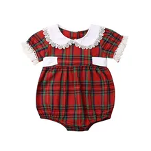 Рождественская одежда для маленьких девочек; клетчатая повязка; кнопка короткий рукав; платья или комбинезон с отложным воротником и бантом для малышей