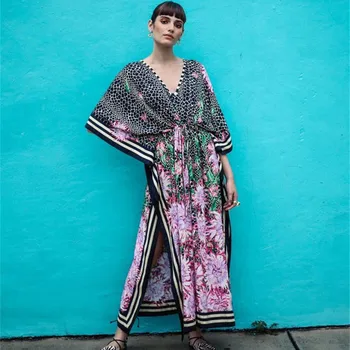 

Summer Beach Dress Swimming Women's Tunic Cover-Ups New Chiffon Print High Waist Smoke With Loose Robes Upper Garment Bikini