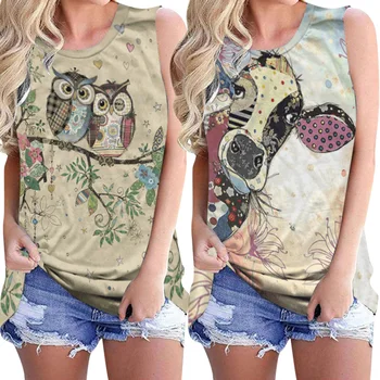 

Summer Women Animal Print T Shirt Casual Loose Sleeveless Tops Pullover Elegant O-Neck Female Shirts Blusa Streetwear 3XL