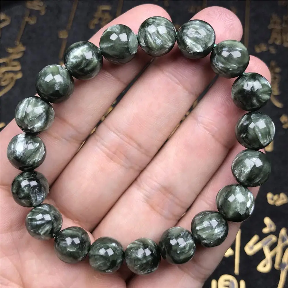 10 мм натуральный зеленый Серафинит браслет для женщин леди юбилей Кристалл стрейч модные круглые бусины браслет ювелирные изделия ааааа