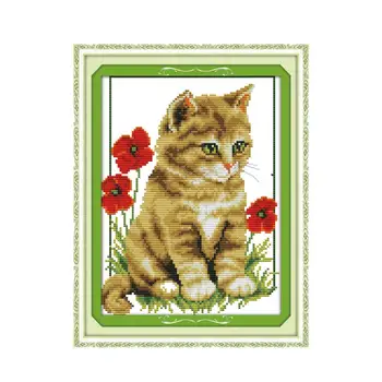 

Cat And Poppy Cross Stitch Kit Aida 14ct 11ct Count Print Canvas Cross Stitches Needlework Animal Cotton Embroidery DIY Handmade