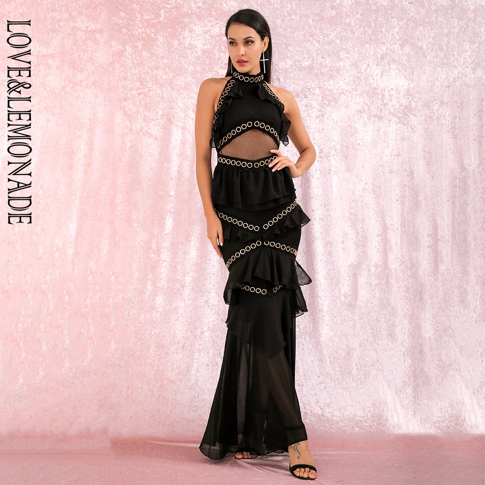LIEFDE & LIMONADE Sexy Open back Metalen kant en chiffon ruches stiksels Party maxi jurk LM81870LONG ZWART LIEFDE & LIMONADE Sexy Open back Metalen kant en chiffon ruches stiksels Party maxi jurk LM81870LONG ZWART