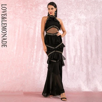 

LOVE&LEMONADE Sexy Open back Metal lace and chiffon ruffled stitching Party maxi dress LM81870LONG BLACK