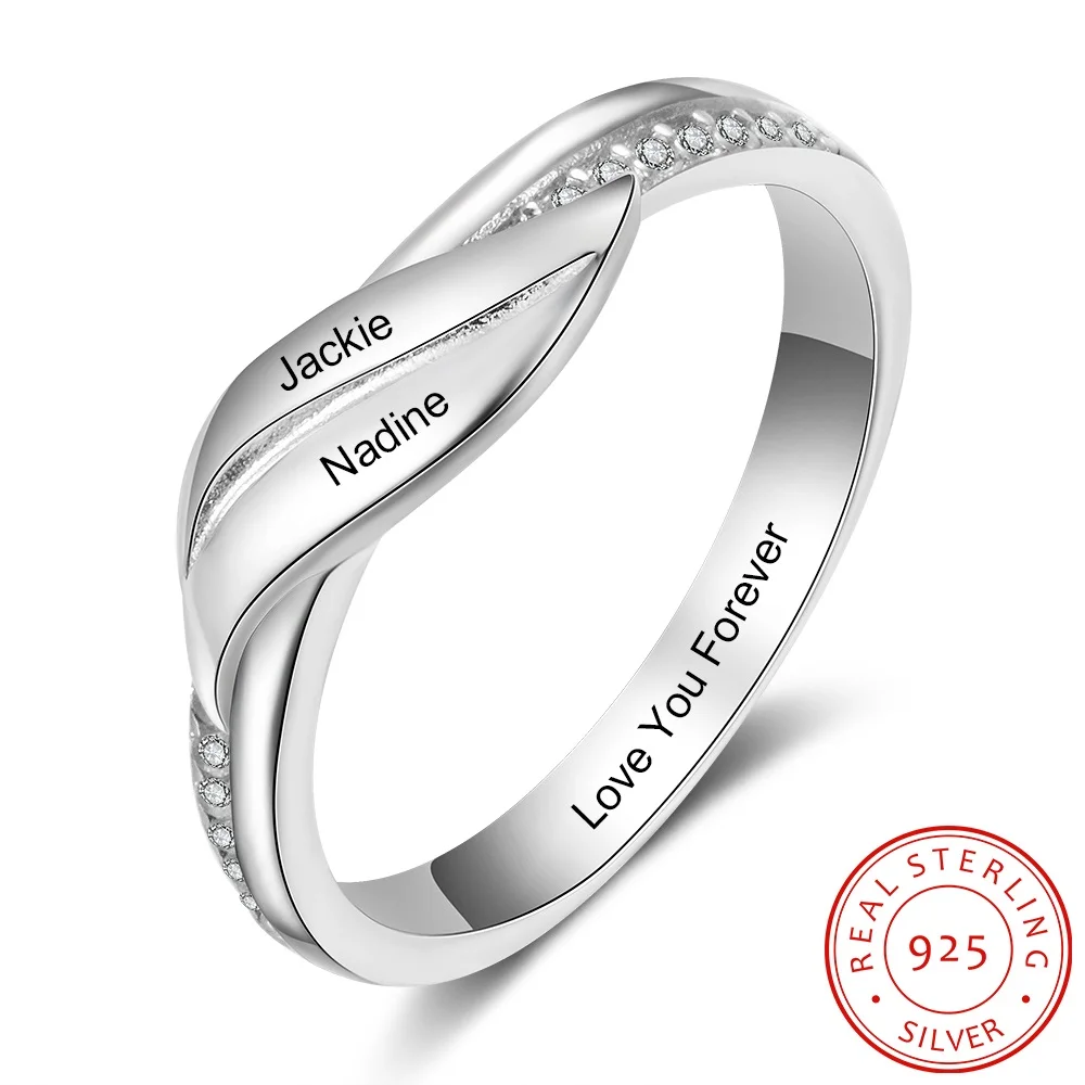 Anillo de compromiso con Circonia cúbica para mujer, sortija de compromiso, Plata de Ley 925, grabado personalizado, 2 nombres