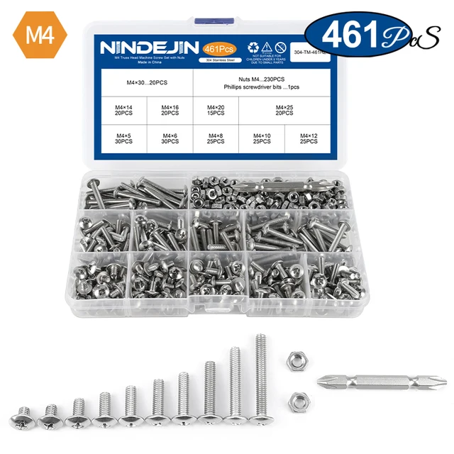 NINDEJIN Truss Round Head Screw Set Stainless Steel M3 M4 M5 Phillips Screw with Nuts Assortment Kit Machine Screw M4  461pcs