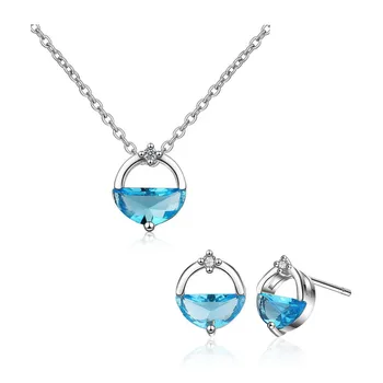 

Fashion 925 Silver Blue Crystal Stone Round Circle Jewelry Sets For Girls Women Simple Necklace Earring Gift Jewelry