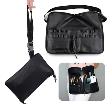 

28 Pockets With Belt Strap Professional Zipper Closure Holder Foldable Makeup Brush Bag Home Use Lightweight PU Leather Black