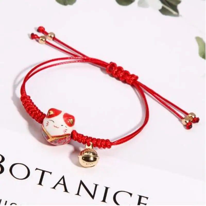 

1 PCS Fashion Red Line Lucky Red Handmade Rope Ceramic Lucky Cat Bell Bracelet Female Student Girlfriends Hand-woven Red Colors
