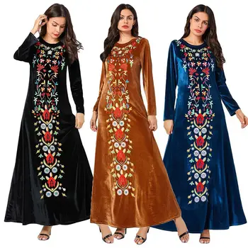 

Muslim Women Velvet Long Sleeve Dress Islam Maxi Embroidery Floral Abaya Kaftan Autumn Winter Dress Party Cocktail 2019 Fashion