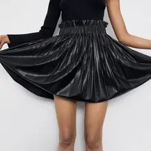 Женские черные высокие уличные плиссированные юбки, элегантные однотонные юбки с эластичной талией, короткие сексуальные Клубные юбки из искусственной кожи