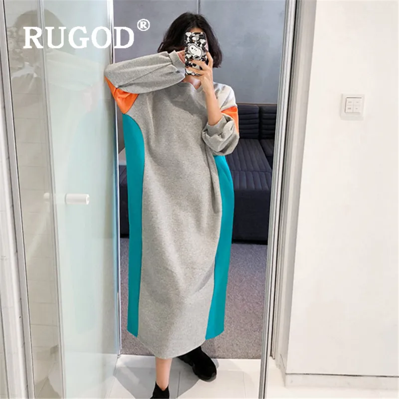  RUGOD 2019 New Women Stiching Sweatshirt Dress O-neck Contrast Color Loose Long Thicken Vestidos Ko