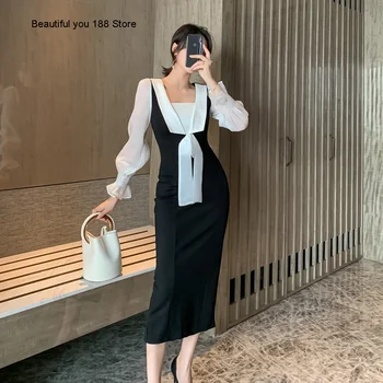 

Autumn new 2020 women's clothing fashion black and white contrast color stitching bow bubble sleeve dress 3438