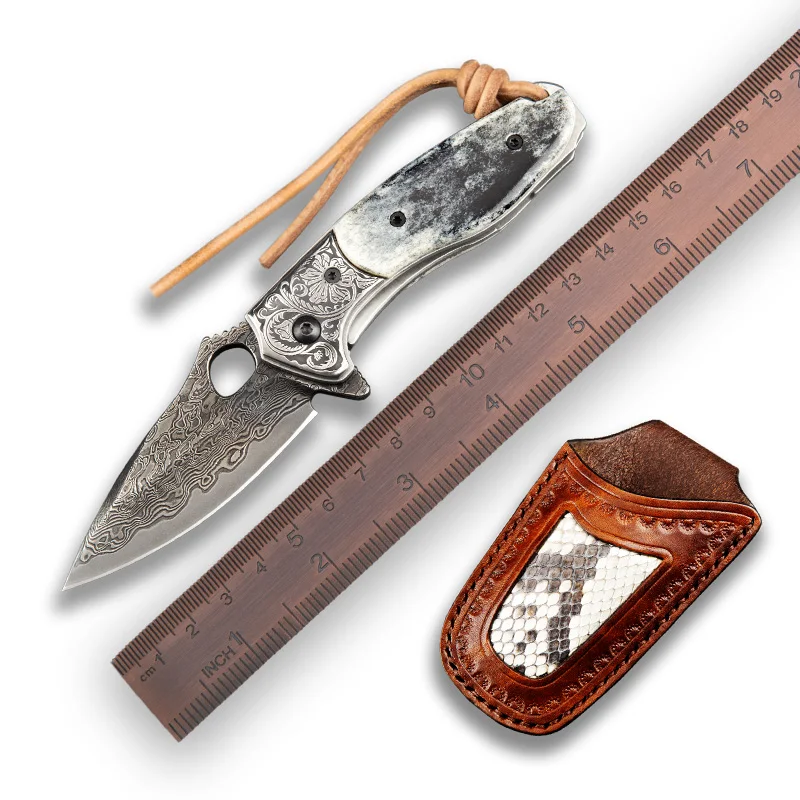 

Damascus Pocket Folding Knife Handmade Japanese VG10 Steel Core Pocket Knife Bone Handle Self Defense Knives For Hunting Camping