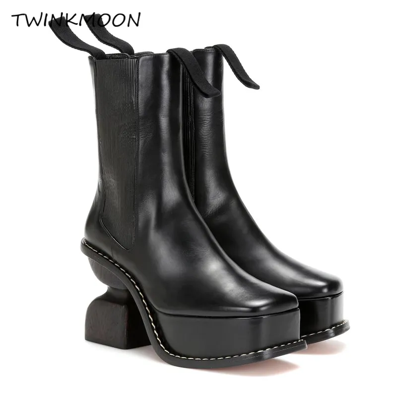 Strange Heel Platform Boots Women's Genuine Leather Shoes Black Runway Design Ankle Boots Ladies botas mujer