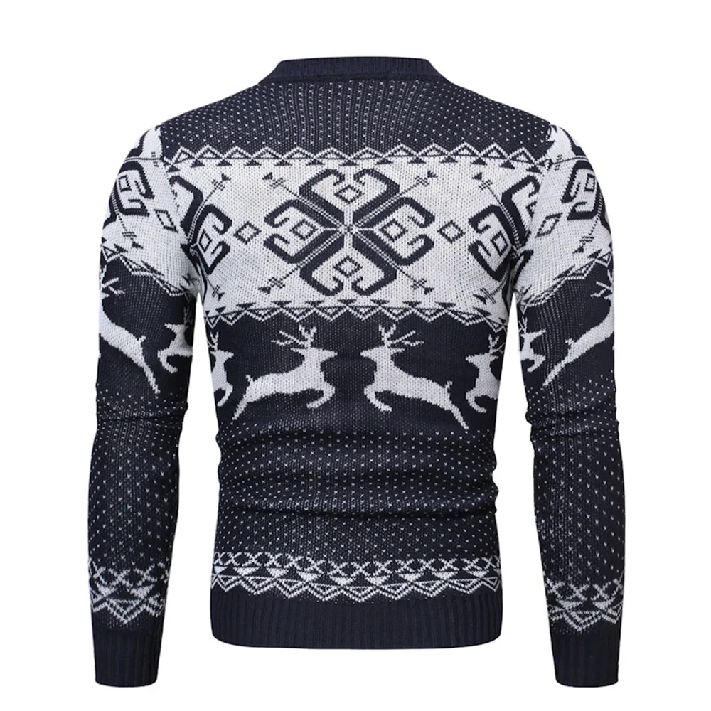 Cheap Men's Sweater Winter Pullover Snowflake Animal Print New Year Tops Red Christmas Deer Sweaters Men Blue Casual Knitted Jumper