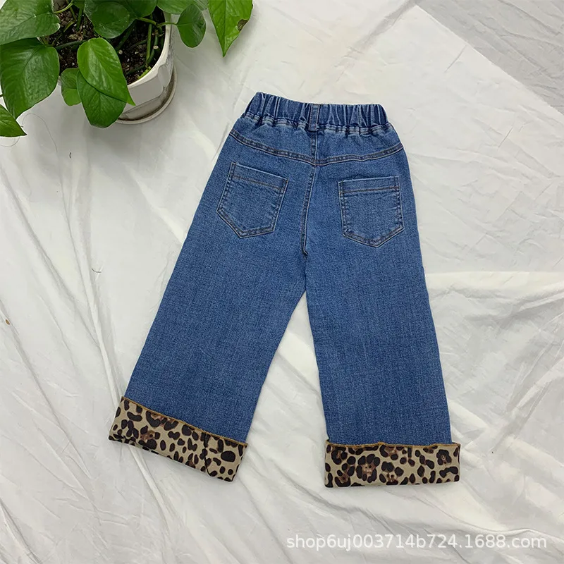 

Childrenswear 2019 Spring Clothing New Products Girls Western Style Loose Pants Leopord Pattern Crimping Jeans Straight-leg Pant