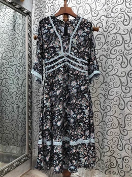 

2020 Spring and Summer New Women's V-neck Back Zipper Decorations Color Matching Stitching Printed Long-Sleeved Dress 706