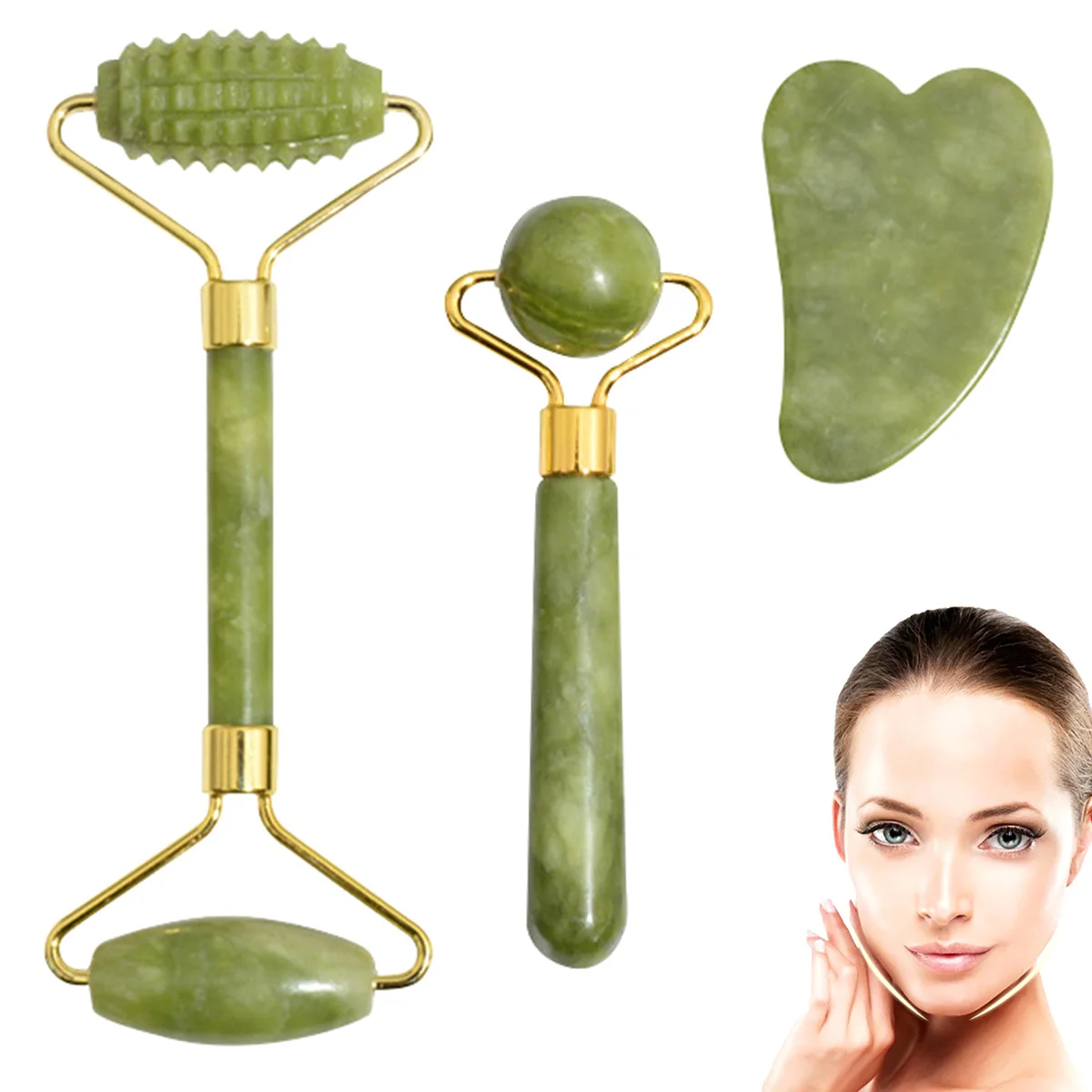 3Pcs Jade Massagers For Face Body Gua Sha Scraper Beauty Facial Roller