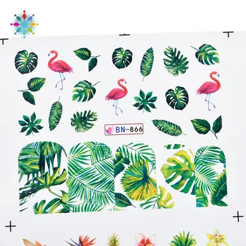 

12 Pcs Tropical Plants Leaves Flamingo Nail Decals Writing Letter Tattoos Sliders Nail Art Water Transfer Stickers Manicure TLS