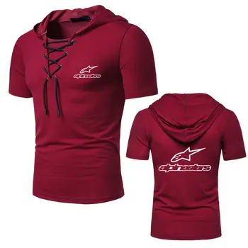 

2020 Summer autumn hooded T-shirt men's fashion alpinestars printing short-sleeved V-neck men's T-shirt half drawstring collar