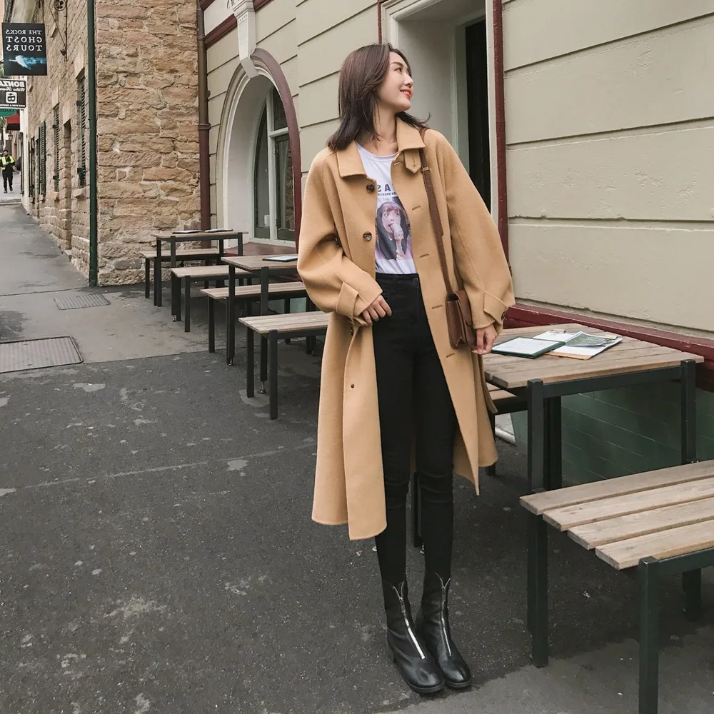 

Photo Shoot Stand Collar Woolen Jacket Women's 2019 Autumn And Winter New Style Retro Laziness-Style Mid-length Single Breasted