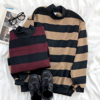 

Retro striped half-high collar plush warm and loose pullover sweatshirt